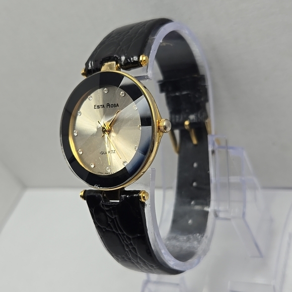 Womens Esta Rosa Watch Gold Tone Diamond Cut Crystal Leather Band New Battery - Picture 2 of 12